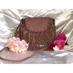 Leather dusty a pink purse with tassels
